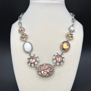 Scroll by Dillards Spring Statement Necklace Peach Amber Silver Filigree Pastel